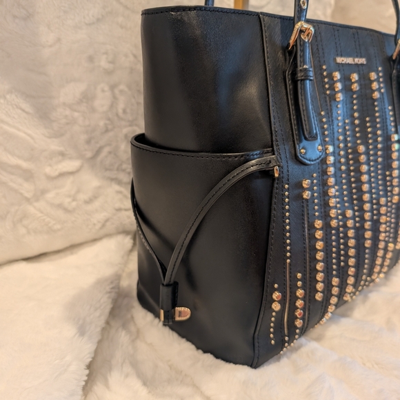 Michael KorsBlack & Gold Studded Voyager Tote Shoulder Bag Leather - Picture 3 of 11